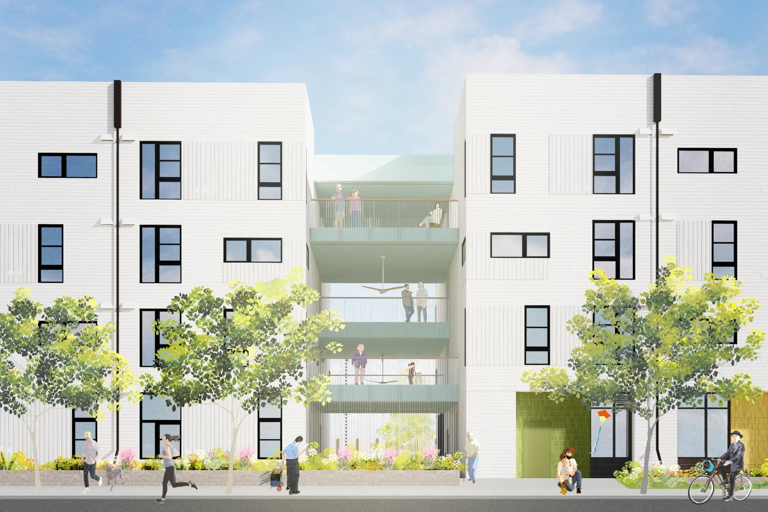 A rendering of generous connecting porches that connect buildings.