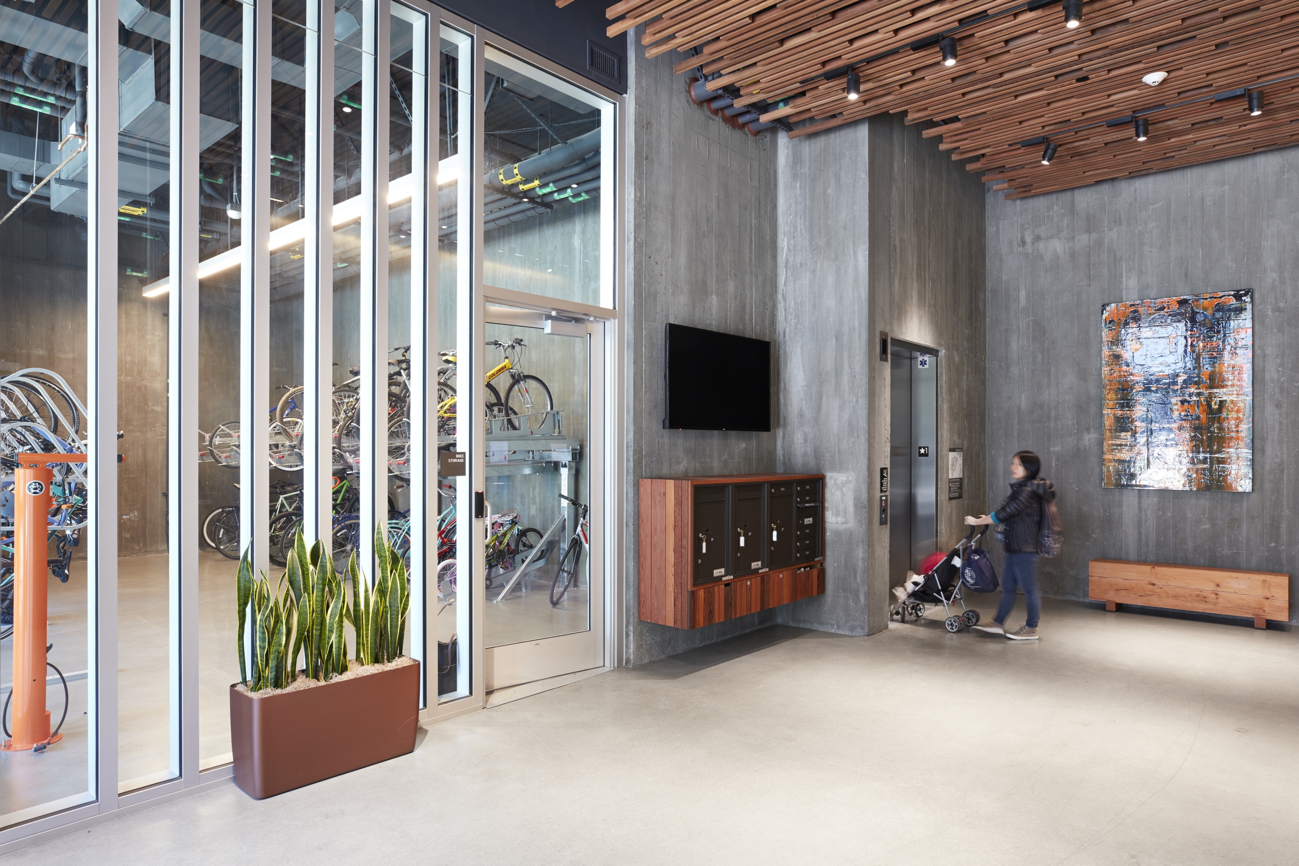 Bike room and elevator inside Potrero 1010 in San Francisco, CA.