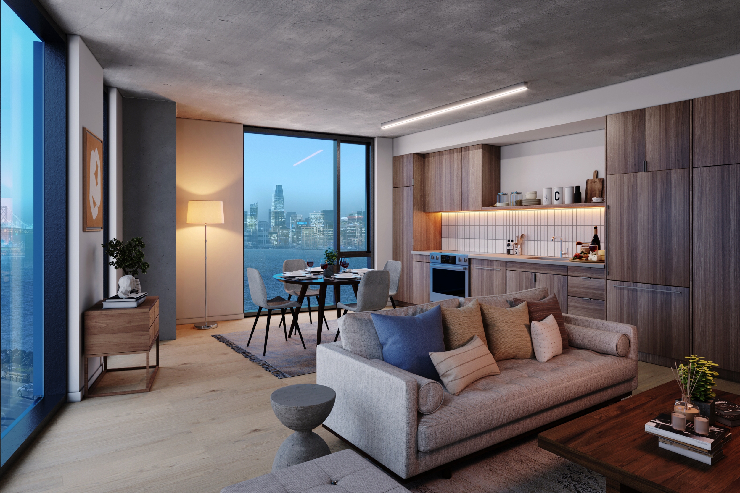 Rendering of a unit living room and kitchen with the view of the bay at night for Tidal House in Treasure Island, San Francisco, Ca.