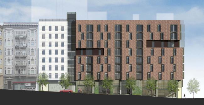 Rendered elevation of 222 Taylor Street, affordable housing in San Francisco.