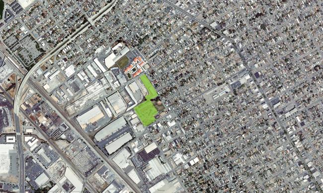 Aerial context of the site for Tassafaronga Village in East Oakland, CA. 