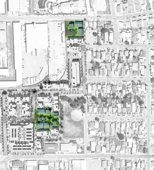 Site plan highlighting Kinsell Commons: Two integrated micro-neighborhoods of Habitat for Humanity townhouses at  Tassafaronga Village in East Oakland, CA. 