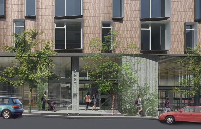 Rendered view of 222 Taylor Street front entrance, affordable housing in San Francisco