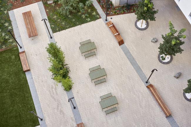 Aerial view of the courtyard in 222 Taylor Street, affordable housing in San Francisco
