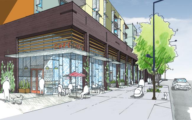 Sketch of planned retail spaces for Station Center Family Housing in Union City, Ca