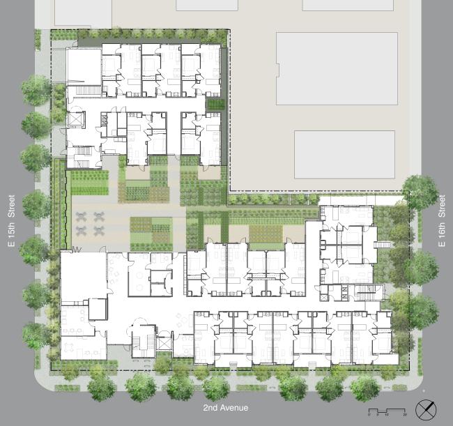 Ground level site plan for Lakeside Senior Housing in Oakland, Ca