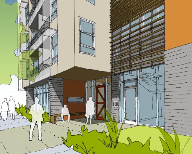 Sketch of entrance for Lakeside Senior Housing in Oakland, Ca.