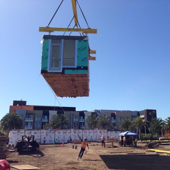 Modular placement during construction of Union Flats in Union City, Ca.