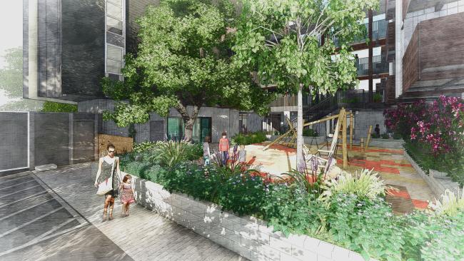 Render of the courtyard for Edwina Benner Plaza in Sunnyvale, Ca.
