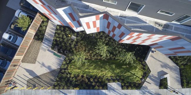 Aerial view of Edwina Benner Plaza in Sunnyvale, Ca.