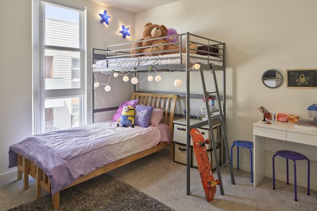 A resident's child's bedroom inside Edwina Benner Plaza in Sunnyvale, Ca.