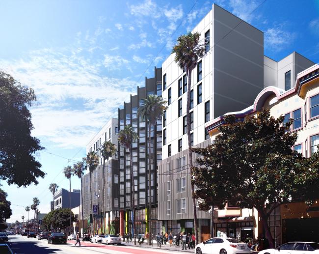Rendered street view of La Fénix at 1950, affordable housing in the mission district of San Francisco.