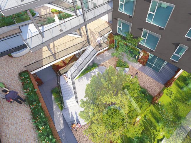 Aerial rendering of the courtyard for 355 Sango Court in Milpitas, Ca.