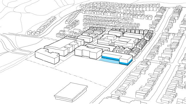 Diagram showing new location of child-care center for Midway Village Framework Plan in Daly City, Ca.