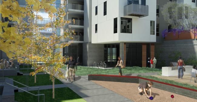 Rendered view of the courtyard inside Five88 in San Francisco 