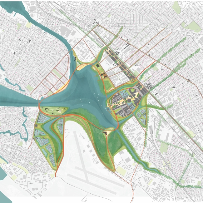 Aerial rendering by the All Bay Collective of Estuary Commons in San Leandro, Ca.