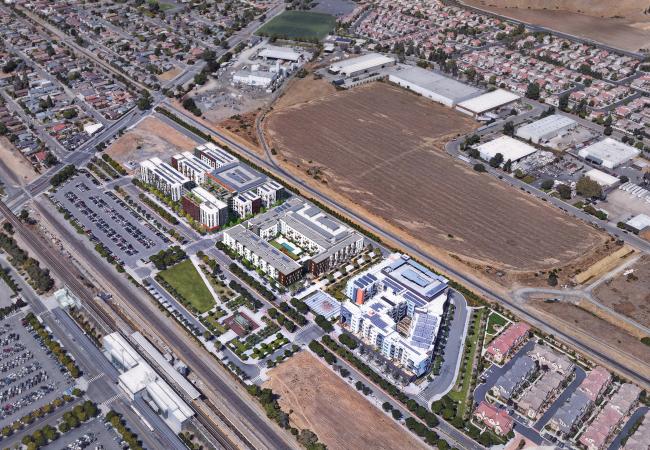 Rendered aerial view of Union Flats and Station Center Family Housing in Union City, Ca.
