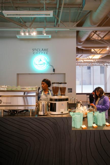 St. Clare Coffee cart inside SPUR Urban Center Galleries in San Francisco.