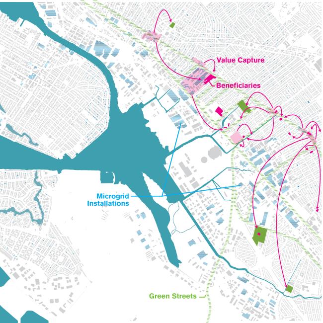 Aerial rendering by the All Bay Collective of Estuary Commons in San Leandro, Ca.