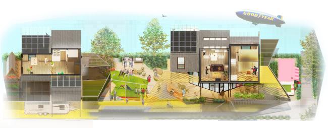 Rendering of the section for  More-Plex, a competition entry for kit-of-parts collaborative housing.