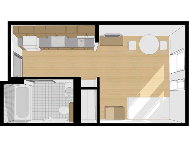 3-D floor plan of furnished studio unit