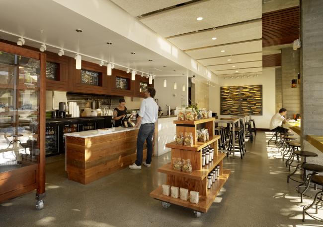 Interior of Hayes Valley Bakeworks in the retail corner of Richardson Apartments, view toward counter
