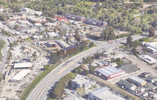Rendered aerial view of Harvey West Studios showing Santa Cruz context