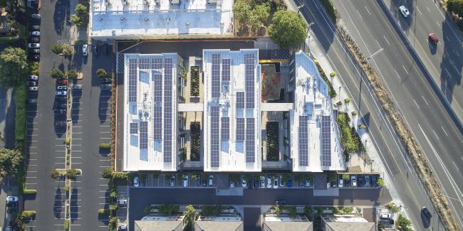 Aerial view of solar panels on the roof at Edwina Benner Plaza