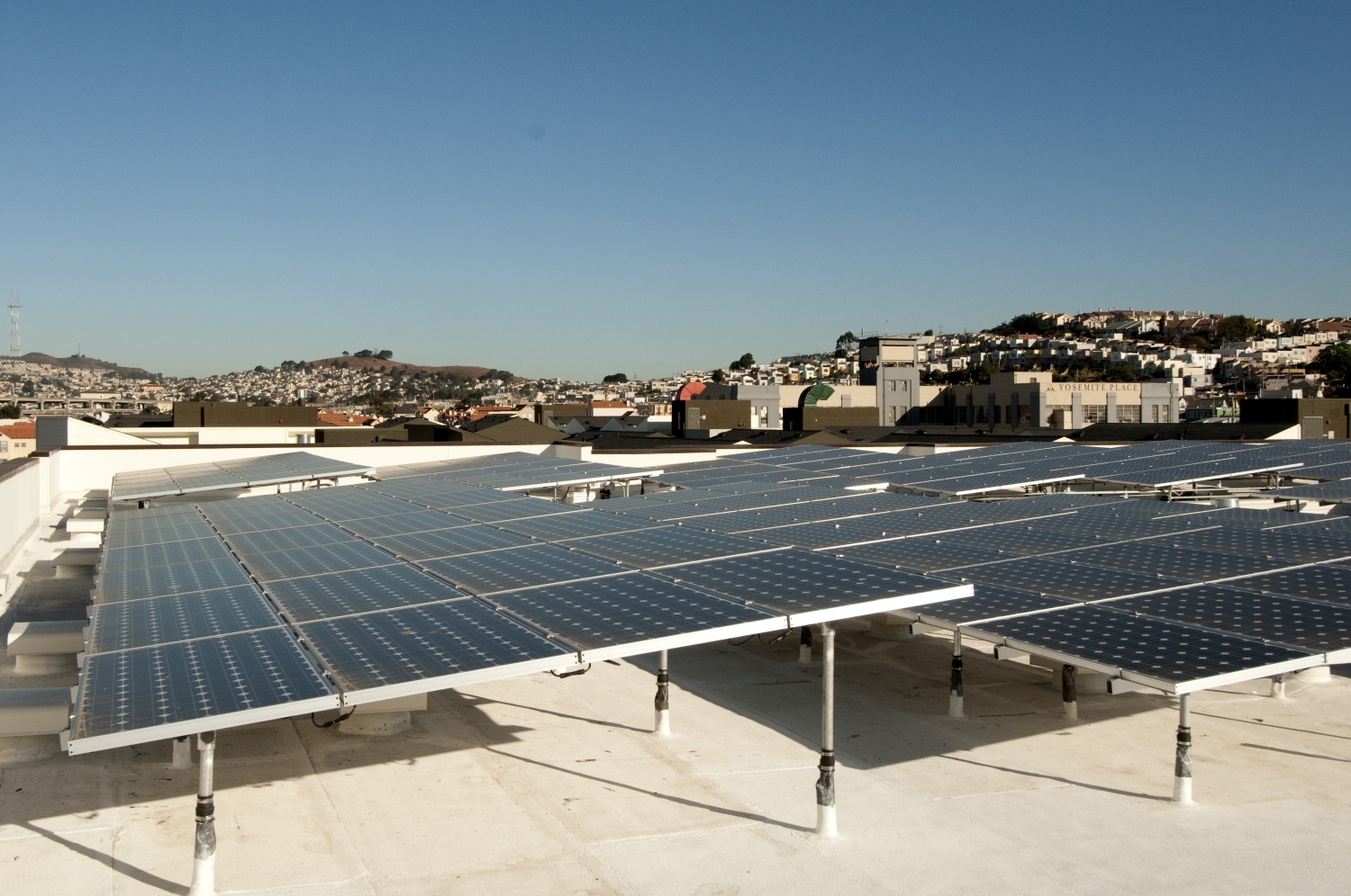 Solar panels on the roof of Armstrong Place Senior in San Francisco.