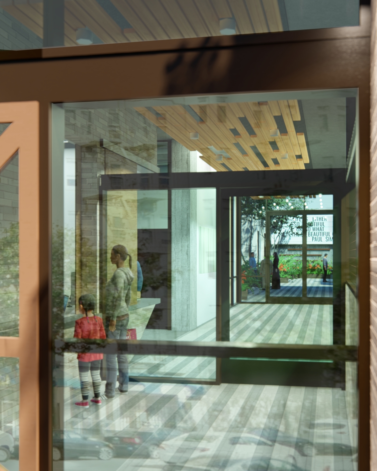 Rendering of the lobby looking into the courtyard at 555 Larkin in San Francisco.