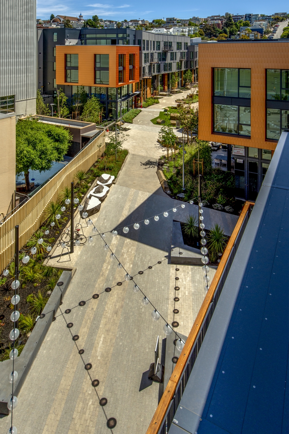 View of the pedestrian greenway from above at Mason on Mariposa in San Francisco.
