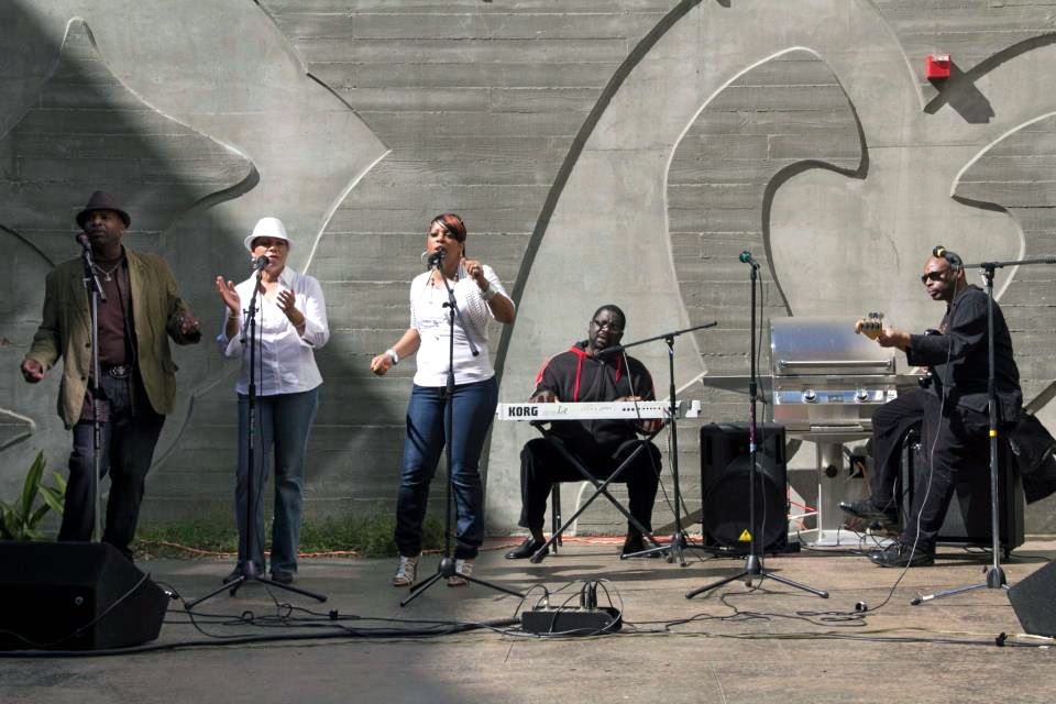 Five-person band preforming at Armstrong Place Senior in San Francisco.
