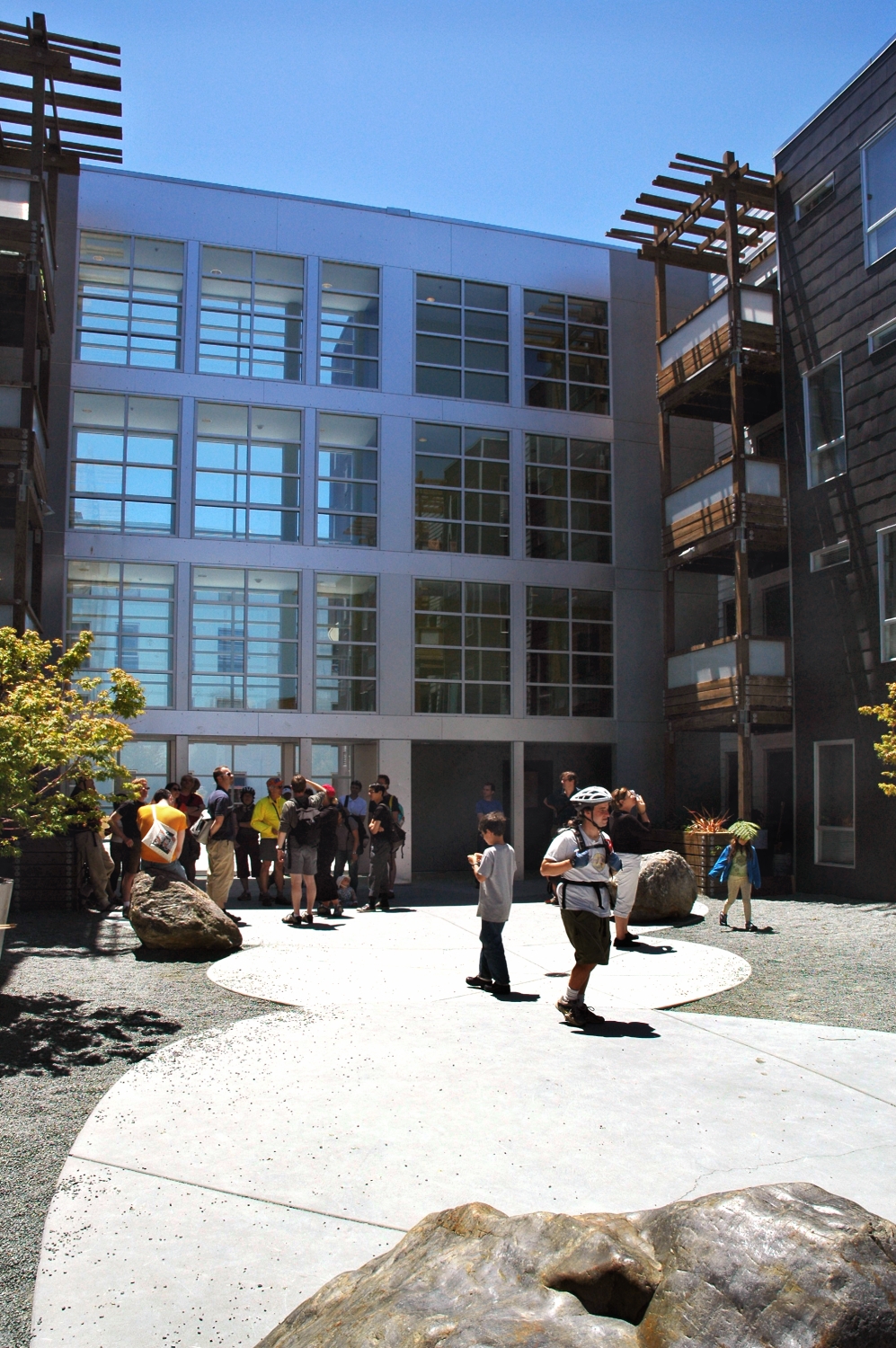 Bike tour exploring the courtyard at 8th & Howard/SOMA Studios in San Francisco, Ca.