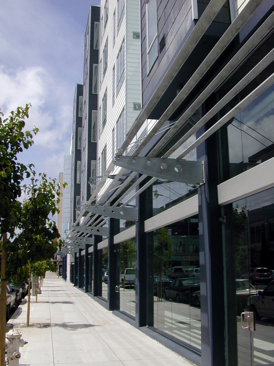Detail of retail windows and awnings at 8th & Howard/SOMA Studios in San Francisco, Ca.
