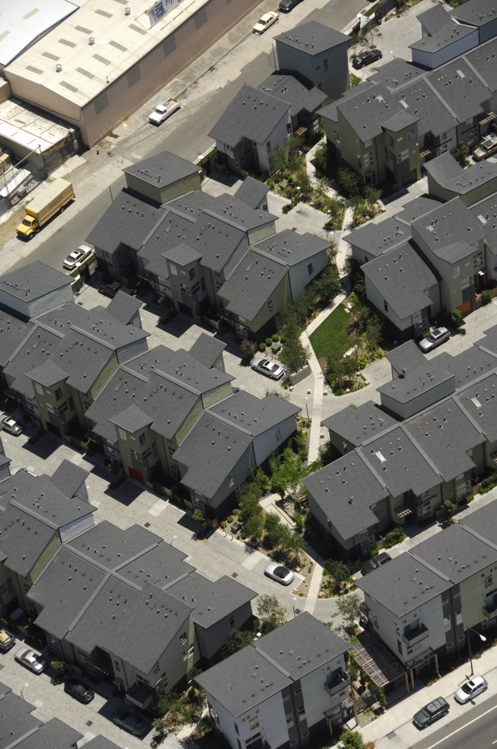 Aerial view of townhome rows at West End Commons in Oakland, Ca.