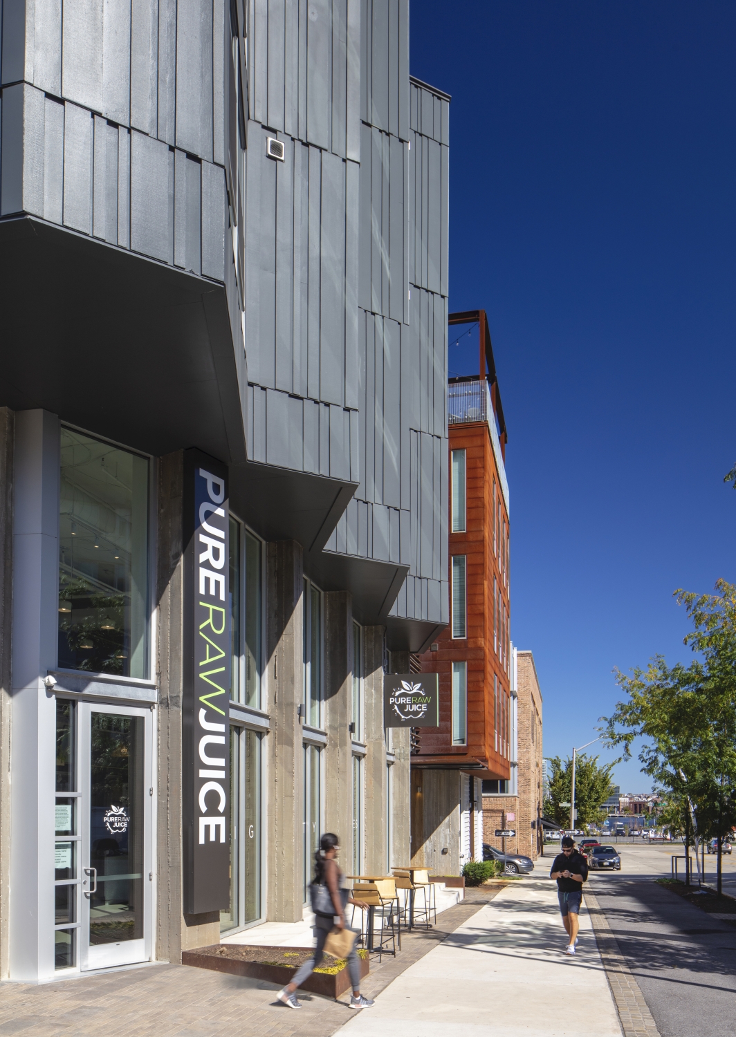 Exterior view of retail at A2 Apartments in Baltimore, Maryland.