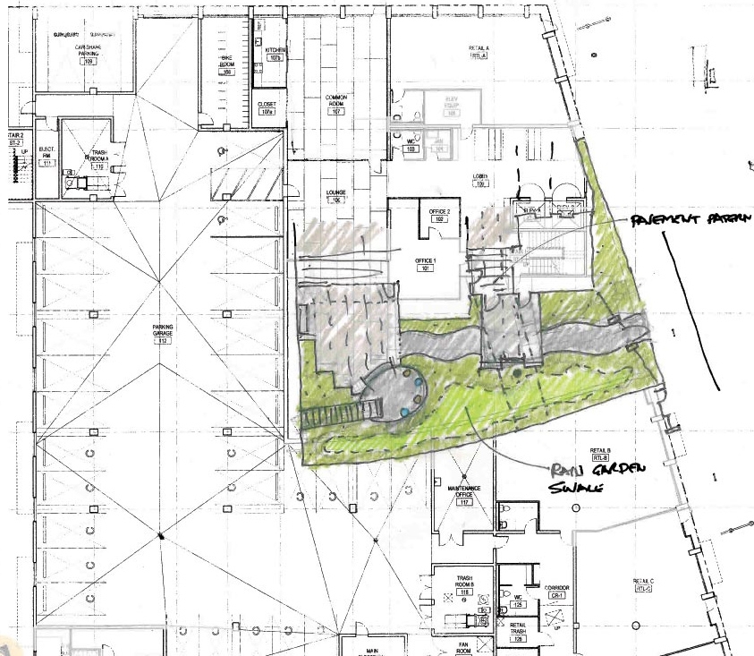 Sketch of the courtyard for Armstrong Place Senior in San Francisco.