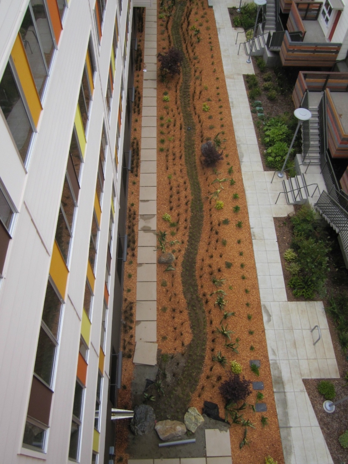 Aerial view of the pedestrian walkway at Armstrong Place and Armstrong Place Senior in San Fransisco..