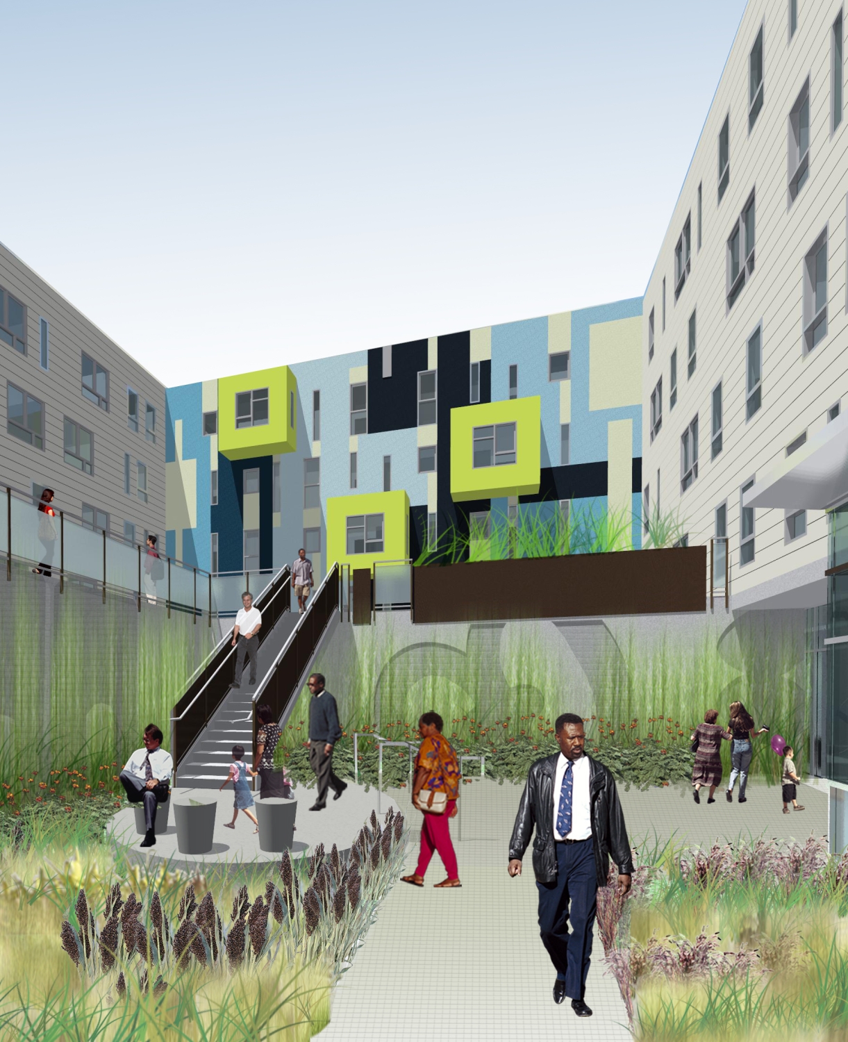 Rendered courtyard at Armstrong Place Senior in San Francisco.