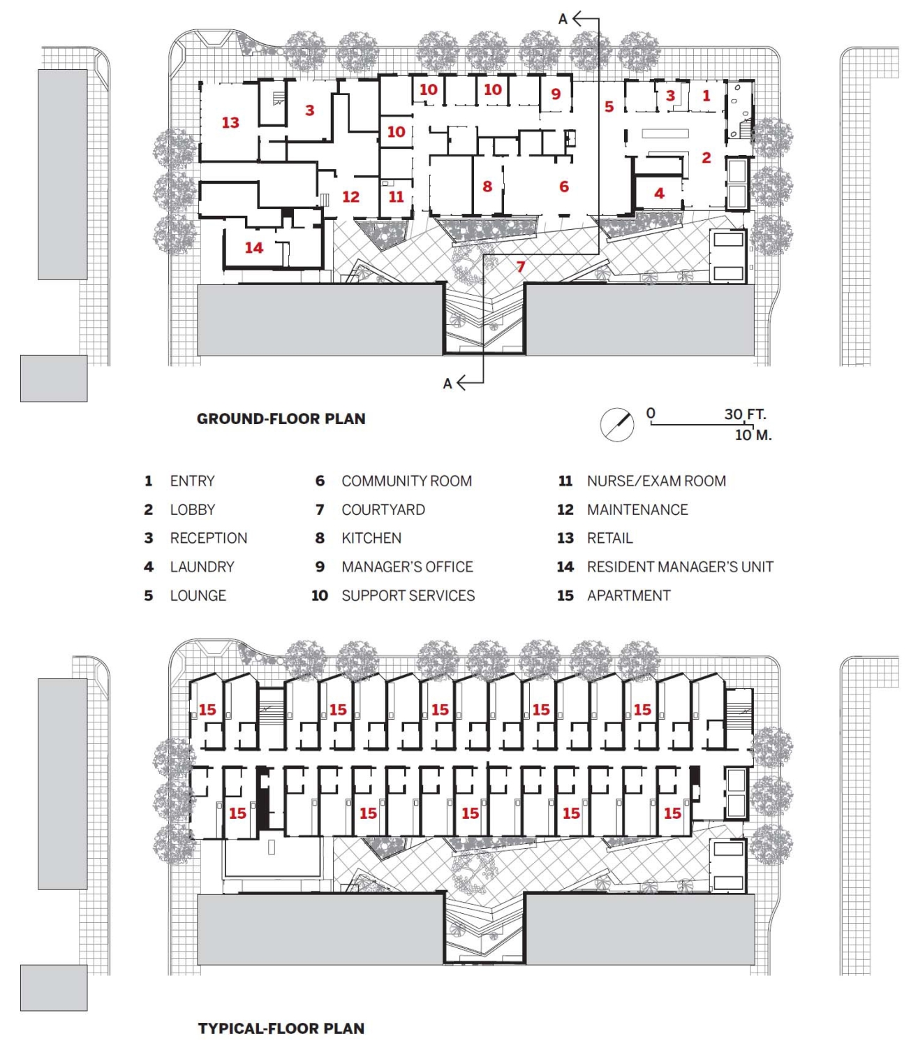Site plan and upper-level plan with key indicated use of spaces.