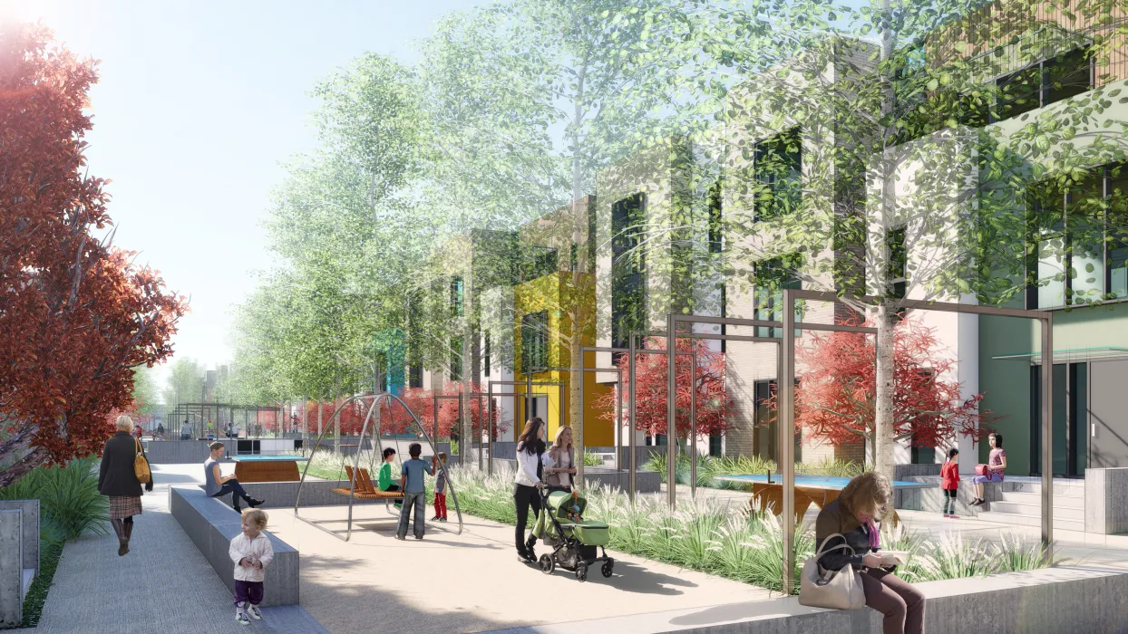 Exterior rendering of the courtyard at Housing Northwest Arkansas Initiative.