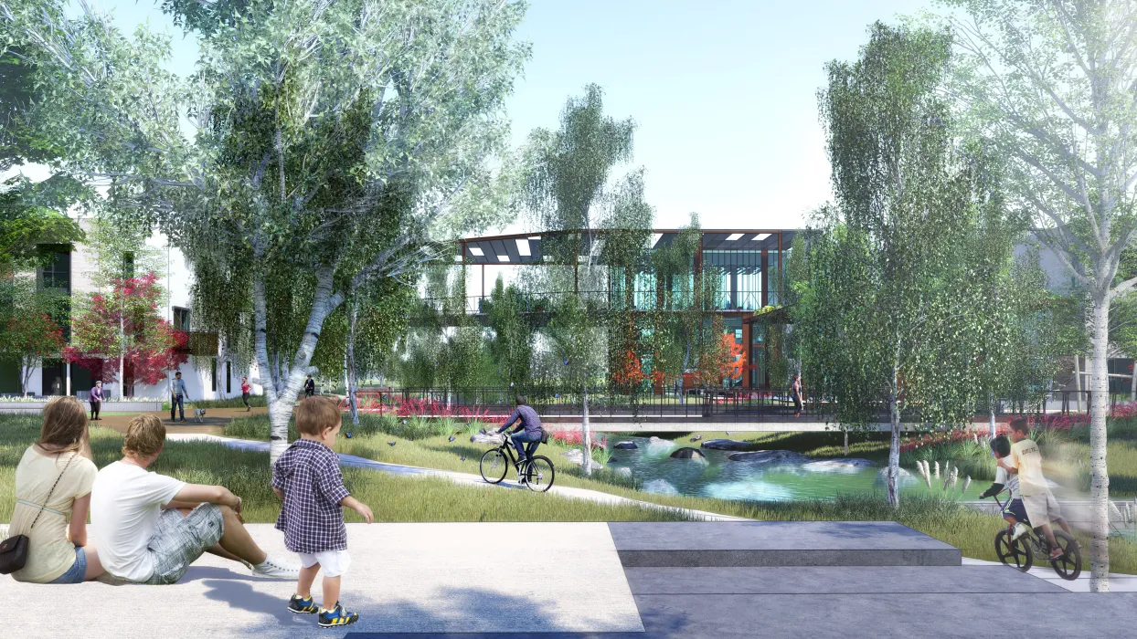 Exterior rendering showing the water running through the park of Housing Northwest Arkansas Initiative.