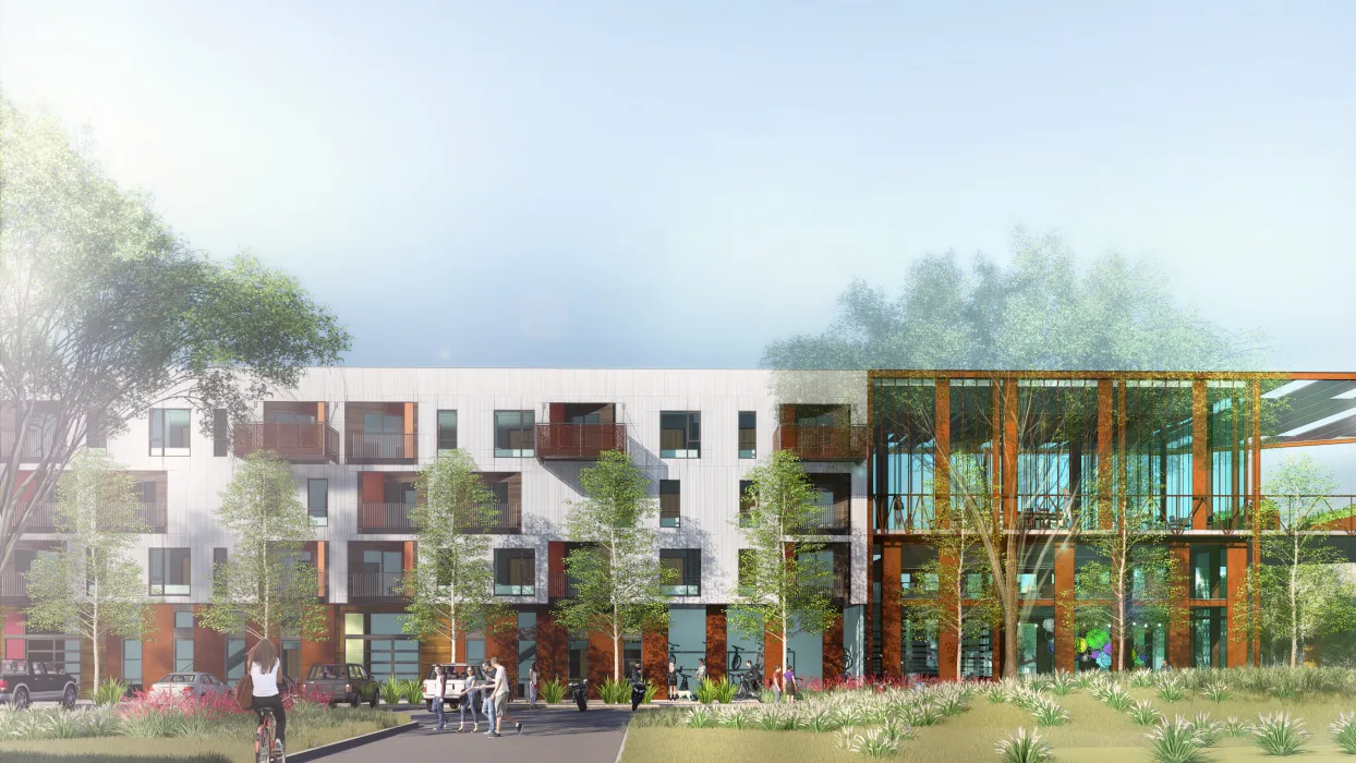 Exterior rendering of the live/work units for Housing Northwest Arkansas Initiative.