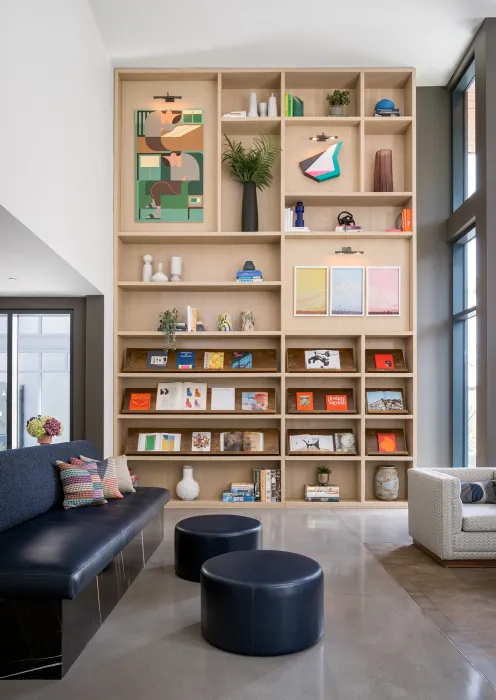 Bookshelves inside lounge area at Mason on Mariposa in San Francisco.