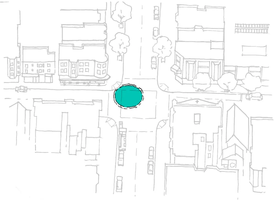 Sketch of a neighborhood with an aqua circle in an intersection representing the place of a water cistern.