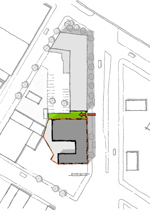 Diagram of the front entrance to 34th and San Pablo Affordable Family Housing in Oakland, California.