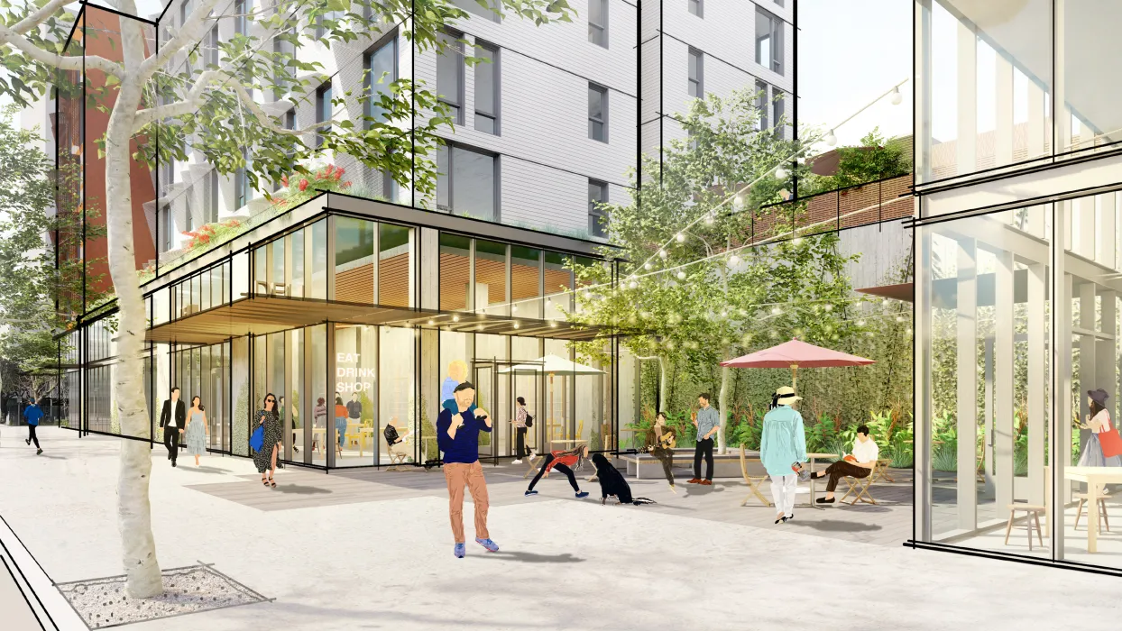 Exterior rendering of the retail plaza for East Santa Clara Housing in San Jose, California