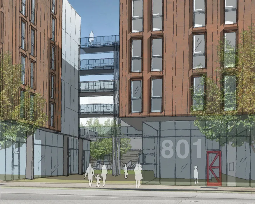 Exterior sketch of entrance of 855 Brannan in San Francisco.