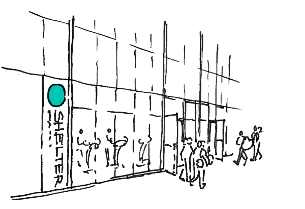 Sketch of the exterior of a fitness center with an aqua circle with the word "SHELTER" indicating a point of gathering.