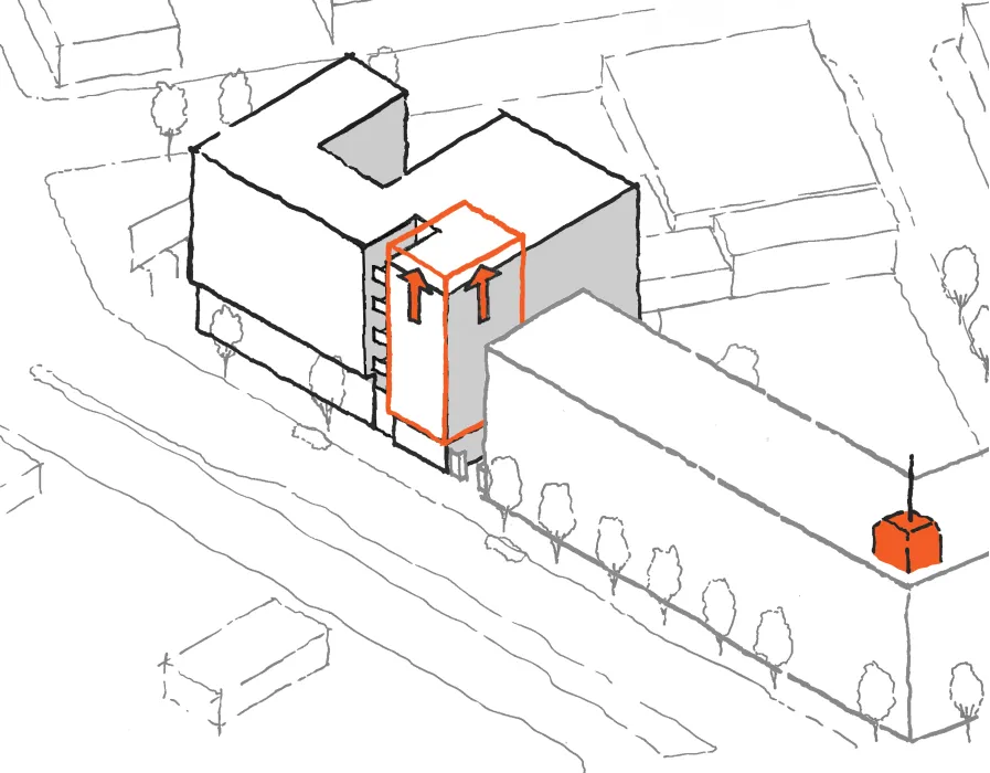 Diagram of the raised corner "pop-up" element at 34th and San Pablo Affordable Family Housing in Oakland, California.